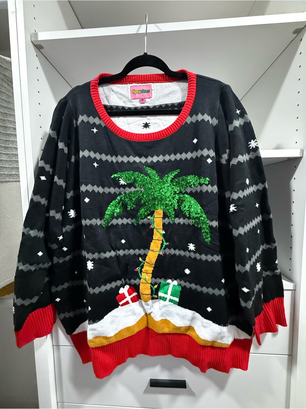 Tipsy Elves Black Sweater with Green Sequin Palm and Red Trim